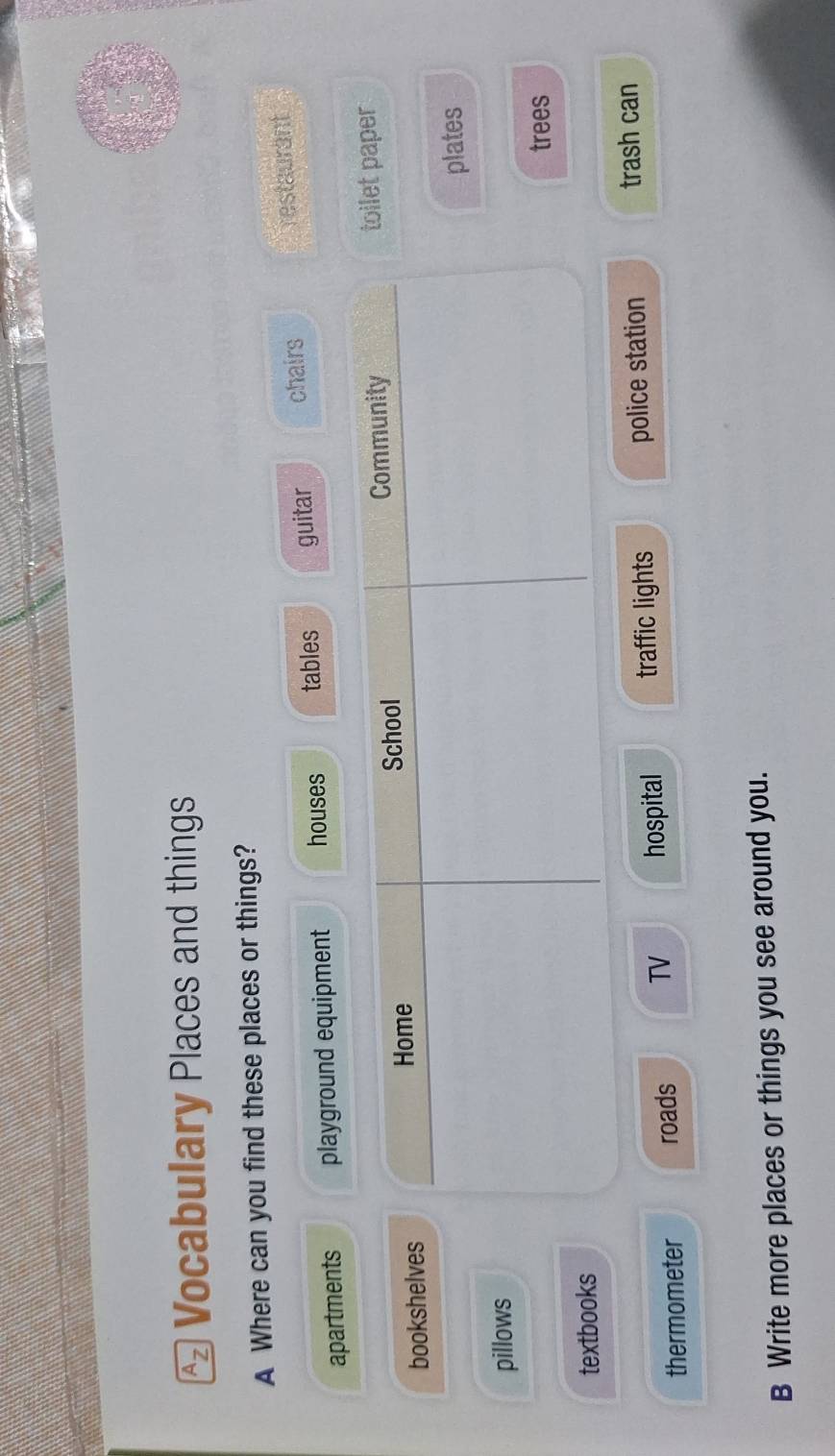 A_Z Vocabulary Places and things 
A Where can you find these places or things? 
apartments playground equipment houses tables guitar chairs 
restaurant 
bookshelves Community toilet paper 
Home School 
plates 
pillows 
trees 
textbooks 
thermometer roads TV hospital traffic lights police station trash can 
B Write more places or things you see around you.