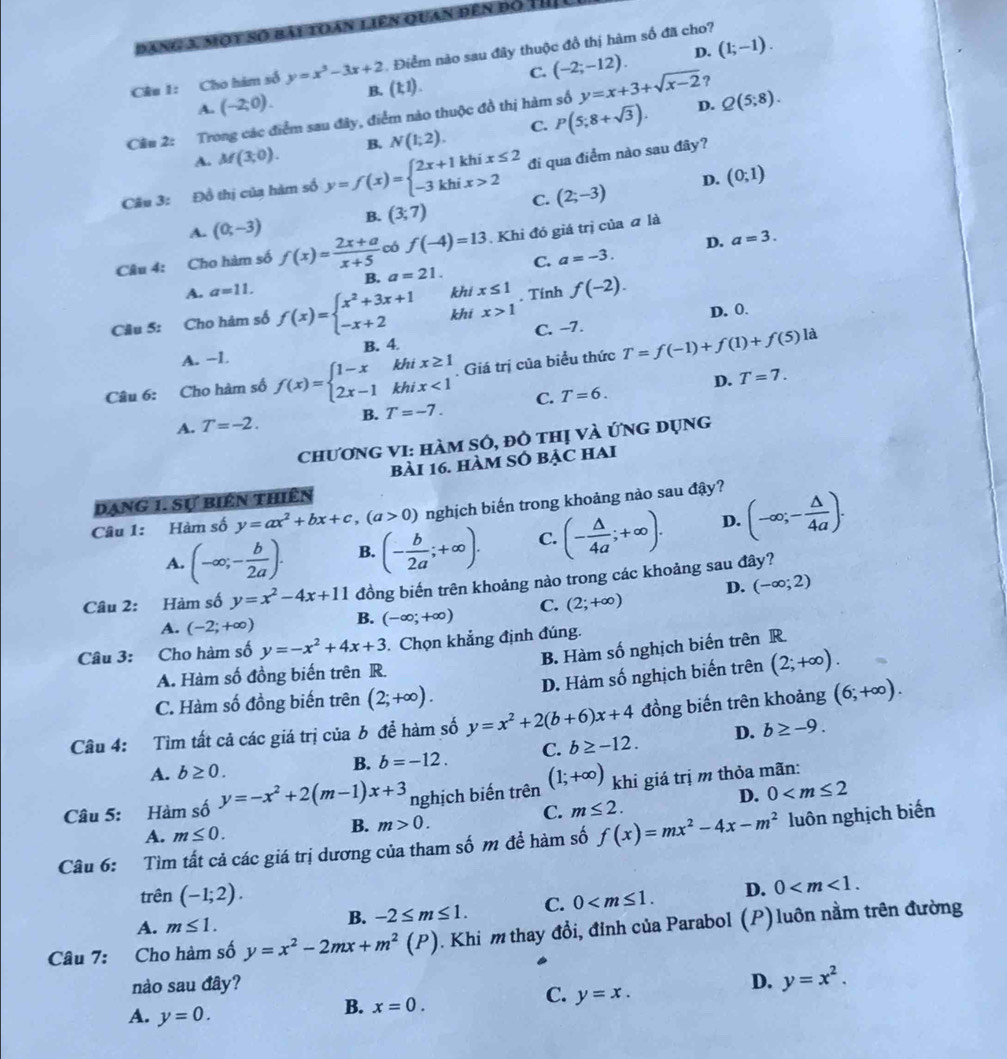 đang 3 một số bài toán liên quan đên đố 1I
D. (1;-1).
Câu 1: Cho hám số y=x^3-3x+2.Điểm nào sau đây thuộc đồ thị hàm số đã cho?
A. (-2;0). B. (k,1). C. (-2;-12).
?
Câu 2: Trong các điểm sau đây, điểm nào thuộc đồ thị hàm số y=x+3+sqrt(x-2) D. Q(5;8).
A. M(3,0). B. N(1;2). C. P(5;8+sqrt(3)).
Cầu 3: Đồ thị của hàm số y=f(x)=beginarrayl 2x+1khix≤ 2 -3khix>2endarray. đi qua điểm nào sau đây?
D. (0;1)
A. (0;-3) B. (3;7) C. (2;-3)
D. a=3.
Câu 4: Cho hàm số f(x)= (2x+a)/x+5  c f(-4)=13. Khi đó giá trị của ā là
A. a=11. B. a=21. C. a=-3.
Câu 5: Cho hàm số f(x)=beginarrayl x^2+3x+1 -x+2endarray. khi beginarrayr x≤ 1 x>1endarray. Tính f(-2).
khi
D. 0.
A. −1. B. 4. C. −7.
là
Câu 6: Cho hàm số f(x)=beginarrayl 1-xkhix≥ 1 2x-1khix<1endarray.. Giá trị của biểu thức T=f(-1)+f(1)+f(5)
D. T=7.
A. T=-2. B. T=-7. C. T=6.
Chương VI: hàm số, đô thị và ứng dụng
bài 16. hàm sÔ bẠc hai
Dạng 1. Sự biên thiên
Câu 1: Hàm số y=ax^2+bx+c,(a>0) nghịch biến trong khoảng nào sau đậy?
A. (-∈fty ;- b/2a ). B. (- b/2a ;+∈fty ). C. (- △ /4a ;+∈fty ). D. (-∈fty ;- △ /4a ).
Câu 2: Hàm số y=x^2-4x+11 đồng biến trên khoảng nào trong các khoảng sau đây?
A. (-2;+∈fty ) B. (-∈fty ;+∈fty ) C. (2;+∈fty ) D. (-∈fty ;2)
Câu 3: Cho hàm số y=-x^2+4x+3 Chọn khẳng định đúng.
B. Hàm số nghịch biến trên R.
A. Hàm số đồng biến trên R.
C. Hàm số đồng biến trên (2;+∈fty ). D. Hàm số nghịch biến trên (2;+∈fty ).
Câu 4: Tìm tất cả các giá trị của b đề hàm số y=x^2+2(b+6)x+4 đồng biến trên khoảng (6;+∈fty ).
A. b≥ 0. B. b=-12. C. b≥ -12. D. b≥ -9.
D. 0
Câu 5: Hàm số y=-x^2+2(m-1)x+3 nghịch biến trên (1;+∈fty ) khi giá trị m thỏa mãn:
C. m≤ 2.
A. m≤ 0.
B. m>0.
Câu 6: Tìm tất cả các giá trị dương của tham số m để hàm số f(x)=mx^2-4x-m^2 luôn nghịch biến
trên (-1;2).
A. m≤ 1. B. -2≤ m≤ 1. C. 0 D. 0
Câu 7: Cho hàm số y=x^2-2mx+m^2(P). Khi m thay đổi, đỉnh của Parabol (P)luôn nằm trên đường
nào sau đây? D. y=x^2.
C. y=x.
A. y=0.
B. x=0.