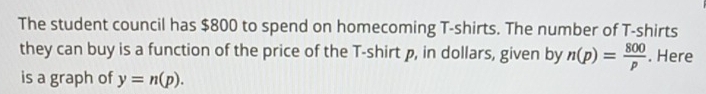 The student council has $800 to spend on homecoming T-shirts. The number of T-shirts 
they can buy is a function of the price of the T-shirt p, in dollars, given by n(p)= 800/p . Here 
is a graph of y=n(p).