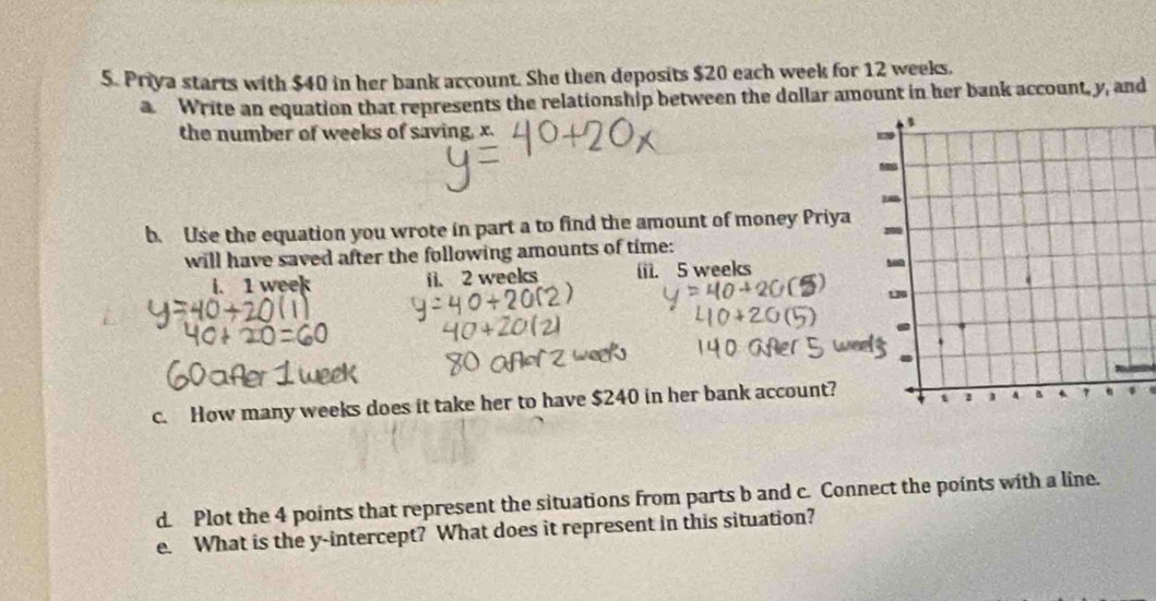 Priya starts with $40 in her bank account. She then deposits $20 each week for 12 weeks. 
a Write an equation that represents the relationship between the dollar amount in her bank account, y, and 
the number of weeks of saving, x. 
b. Use the equation you wrote in part a to find the amount of money Priya 
will have saved after the following amounts of time: 
i. 1 week i1. 2 weeks iii. 5 weeks
c. How many weeks does it take her to have $240 in her bank account? 
d. Plot the 4 points that represent the situations from parts b and c. Connect the points with a line. 
e. What is the y-intercept? What does it represent in this situation?