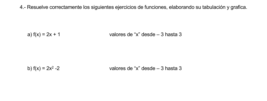 4.- Resuelve correctamente los siguientes ejercicios de funciones, elaborando su tabulación y grafica. 
a) f(x)=2x+1 valores de “ x ” desde - 3 hasta 3
b) f(x)=2x^2-2 valores de “ x ” desde - 3 hasta 3