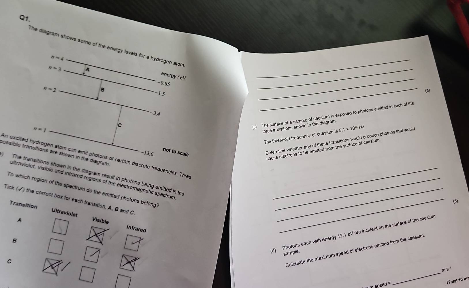 The diagram shows some of the energy levels for a hydrogen atom
n=4
n=3 A
_
energy / cV
_
−0.85
n=2
_
B _(3)
−1.5
-3.4
n=1
c
() The surface of a sample of caesium is exposed to photons emitted in each of the
three transitions shown in the diagram.
The threshold frequency of caesium is 5.1* 10^(14)Hz
not to scale
Determine whether any of these transitions would produce photons that would
cause electrons to be emitted from the surface of caesium.
possible transitions are shown in the diagram.
−13.6
An excited hydrogen atom can emit photons of certain discrete frequencies. Thre
The transitions shown in the diagram result in photons being emitted in th__
ultraviolet, visible and infrared regions of the electromagnetic spectrum
To which region of the spectrum do the emitted photons belong?_
Tick (√) the correct box for each transition, A, B and C
(3)
Transition Ultraviolet Visible
A
Infrared
_
d) Photons each with energy 12.1 eV are incident on the surface of the caesiun
B
Calculate the maximum speed of electrons emitted from the caesium
sample.
C
ms^(-1)
m speed =
_
(Total 10 ma