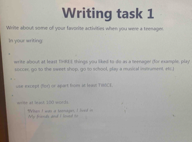 Giải quyết:Writing task 1 Write about some of your favorite activities ...