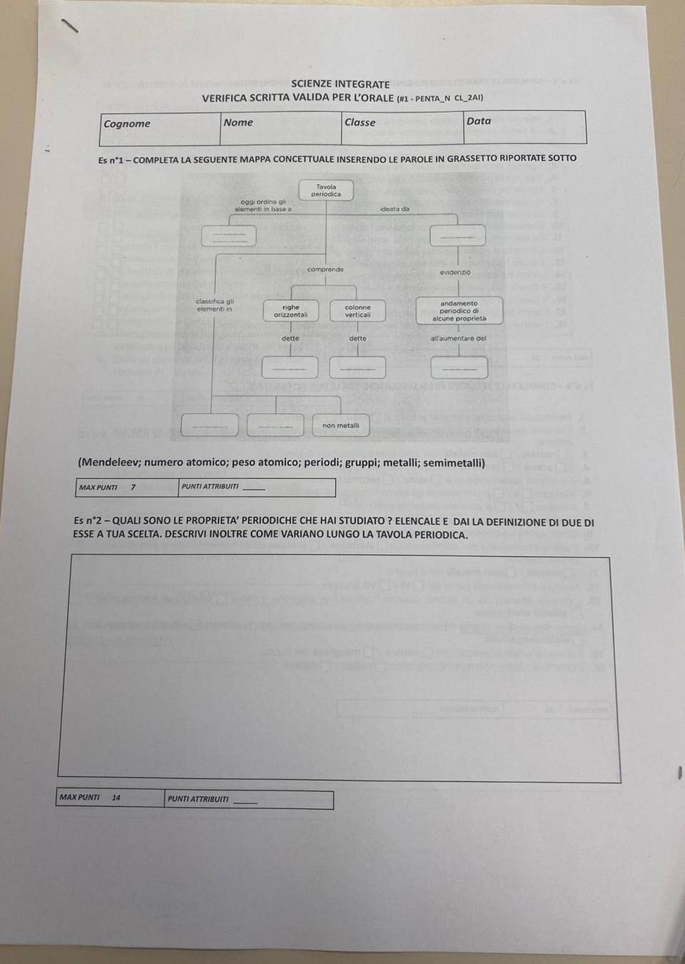 SCIENZE INTEGRATE 
VERIFICA SCRITTA VALIDA PER L’ORALE (#1 - PENTA_N CL_2AI) 
Cognome Nome Classe Data 
Es n°1 - COMPLETA LA SEGUENTE MAPPA CONCETTUALE INSERENDO LE PAROLE IN GRASSETTO RIPORTATE SOTTO 
penodica 
ee ideata da 
_ 
_ 
comprende evidenzió 
classifica gli 
elementi in orizzontali verticali andamento 
__ 
non metalli 
(Mendeleev; numero atomico; peso atomico; periodi; gruppi; metalli; semimetalli) 
MAX PUNTI 7 PUNTI ATTRIBUITI 
Es n°2 - QUALI SONO LE PROPRIETA’ PERIODICHE CHE HAI STUDIATO ? ELENCALE E DAI LA DEFINIZIONE DI DUE DI 
ESSE A TUA SCELTA. DESCRIVI INOLTRE COME VARIANO LUNGO LA TAVOLA PERIODICA. 
MAX PUNTI 14 PUNTI ATTRIBUITI_