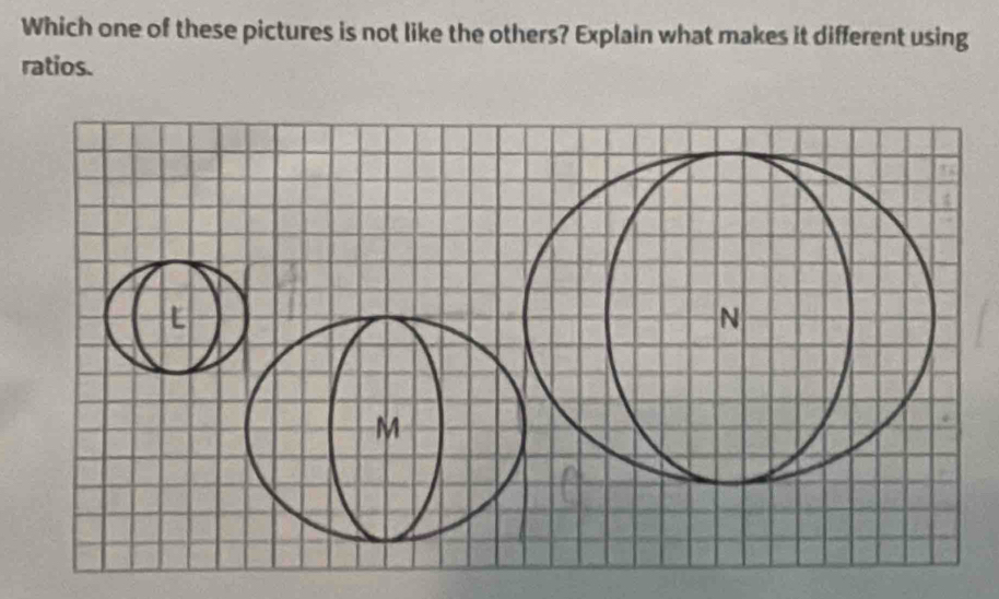 Which one of these pictures is not like the others? Explain what makes it different using 
ratios.