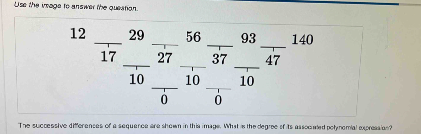 Use the image to answer the question.
∠ 2°
140
2 2/17 frac 29 1/10 frac 2frac  1/10 frac  1/10 frac frac 0 _________ overline 1I
4'
0 □  
□ 
frac !
The successive differences of a sequence are shown in this image. What is the degree of its associated polynomial expression?