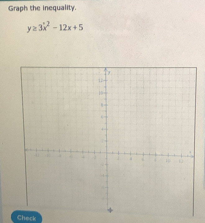 Graph the inequality.
y≥ 3x^2-12x+5
Check