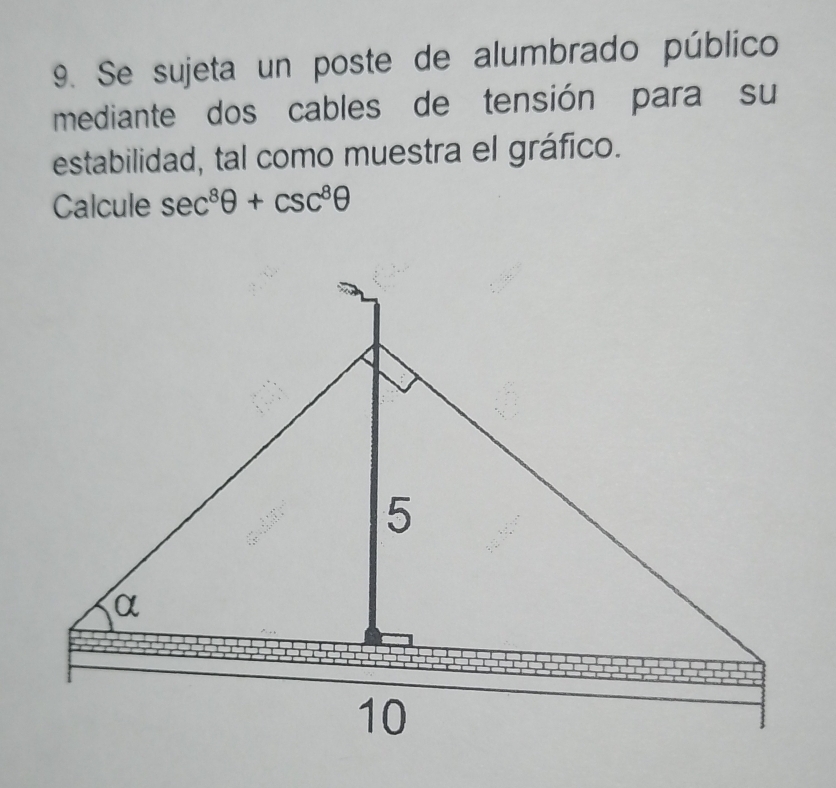 Se sujeta un poste de alumbrado público 
mediante dos cables de tensión para su 
estabilidad, tal como muestra el gráfico. 
Calcule sec^8θ +csc^8θ