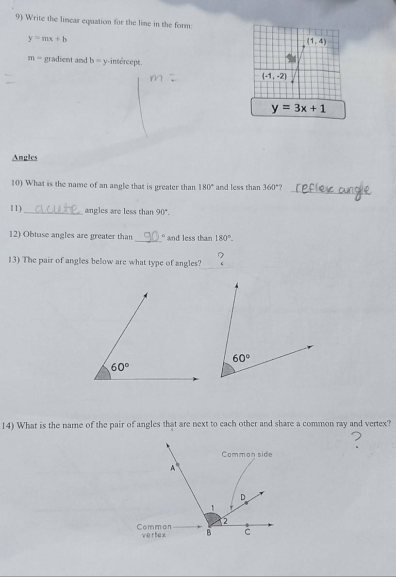 Write the linear equation for the line in the form:
y=mx+b
m= gradient and b= y-intercept.
y=3x+1
Angles
_
10) What is the name of an angle that is greater than 180° and less than 360° 7
11)_ angles are less than 90°.
12) Obtuse angles are greater than_ 。 and less than 180°.
13) The pair of angles below are what type of angles?
14) What is the name of the pair of angles that are next to each other and share a common ray and vertex?