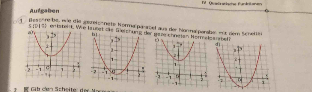 IV Quadratische Funktionen 
Aufgaben 
1 Beschreibe, wie die gezeichnete Normalparabel aus der Normalparabel mit dem Scheitel S(0|0) entsteht. Wie lautet die Gleir gezeichneten Norarabei? 
G ib den Scheitel der er