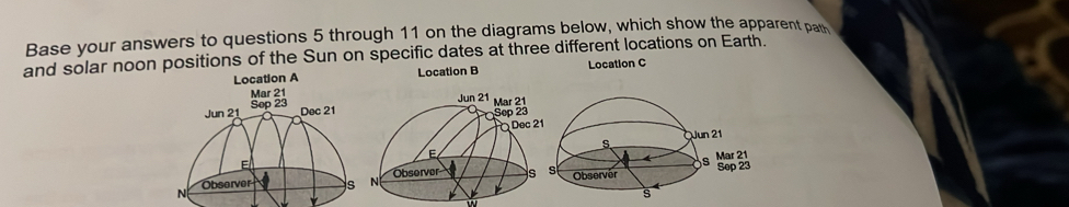 Base your answers to questions 5 through 11 on the diagrams below, which show the apparent path 
and solar noon positions of the Sun on specific dates at three different locations on Earth. 
Location A Location B Location C
Mar 21 
Jun 21 Sep 23 
Dec 21 
E 
Observer s 
N 
w