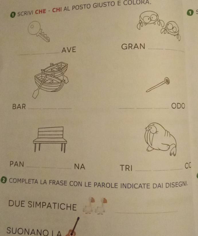 SCRIVI CHE - CHI AL POSTO GIUSTO E COLORA. 
Os 
。 
_ 
AVE GRAN_ 
BAR ___OD0 
PAN _CC 
NA TRI_ 
2 cOMPLETA LA FRASE CON LE PAROLE INDICATE DAI DISEGNI. 
_ 
DUE SIMPATICHE 
SUONANO L A