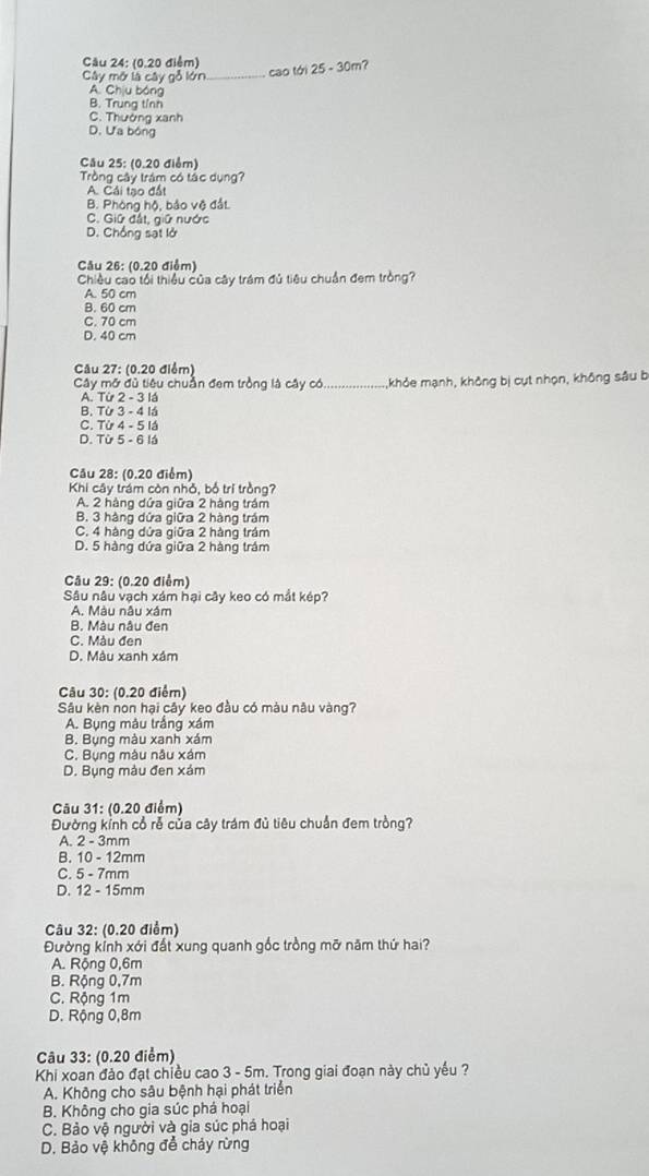 cao tới 25 + 30m?
Cây mở là cây gỗ lớn_
A. Chịu bóng
B. Trung tỉnn
C. Thường xanh
D. Ưa bóng
Câu 25: (0.20 điểm)
Tròng cây trám có tắc dụng?
A. Cái tạo đất
B. Phòng hộ, bảo vệ đất
C. Giữ đất, giữ nước
D. Chống sạt lở
Câu 26: (0.20 điểm)
Chiều cao tối thiều của cây trám đủ tiêu chuẩn đem tròng?
A. 50 cm
B. 60 cm
C. 70 cm
D. 40 cm
Cău 27: (0.20 điểm)
Cây mỡ đủ tiêu chuẩn đem trồng là cây có_ khỏe mạnh, không bị cụt nhọn, không sâu b
A. Từ 2 - 3 lá
B. Từ 3 - 4 lá
C. Từ 4 - 5 lá
D. Từ 5 - 6 lá
Câu 28: (0.20 điểm)
Khi cây trám còn nhỏ, bố trí trồng?
A. 2 hàng dứa giữa 2 hàng trám
B. 3 hàng dứa giữa 2 hàng trám
C. 4 hàng dứa giữa 2 hàng trám
D. 5 hàng dứa giữa 2 hàng trầm
Câu 29: (0.20 điểm)
Sâu nâu vạch xám hại cây keo có mắt kép?
A. Màu nâu xâm
B. Màu nâu đen
C. Màu đen
D. Màu xanh xâm
Câu 30: (0.20 điểm)
Sâu kèn non hại cây keo đầu có màu nâu vàng?
A. Bụng màu trắng xám
B. Bụng màu xanh xám
C. Bụng màu nâu xám
D. Bụng màu đen xám
Câu 31: (0.20 điểm)
Đường kỉnh cổ rễ của cây trám đủ tiêu chuẩn đem trồng?
A. 2 - 3mm
B. 10 - 12mm
C. 5 - 7mm
D. 12 - 15mm
Câu 32: (0.20 điểm)
Đường kỉnh xới đất xung quanh gốc trồng mỡ năm thứ hai?
A. Rộng 0,6m
B. Rộng 0,7m
C. Rộng 1m
D. Rộng 0,8m
Câu 33: (0.20 điểm)
Khi xoan đảo đạt chiều cao 3 - 5m. Trong giai đoạn này chủ yếu ?
A. Không cho sâu bệnh hại phát triển
B. Không cho gia súc phá hoại
C. Bảo vệ người và gia súc phá hoại
D. Bảo vệ không để chảy rừng