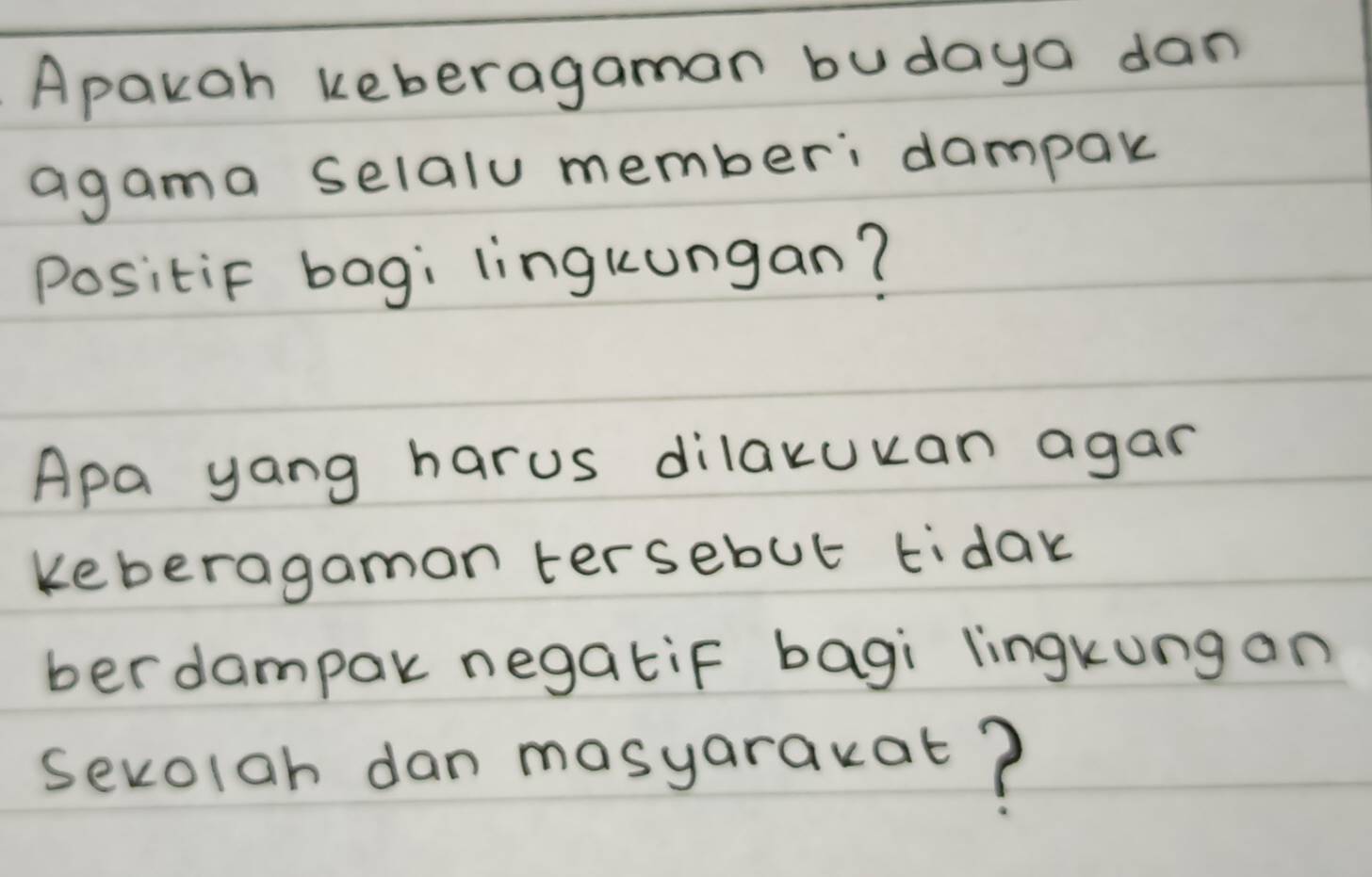 Apakah keberagaman budaya dan 
agama selalu member: dampak 
Positif bag: lingkungan? 
Apa yang harus dilakukan agan 
keberagamon tersebut tidak 
berdampar negatiF bagi lingkung an 
sevoiah dan masyaracat?