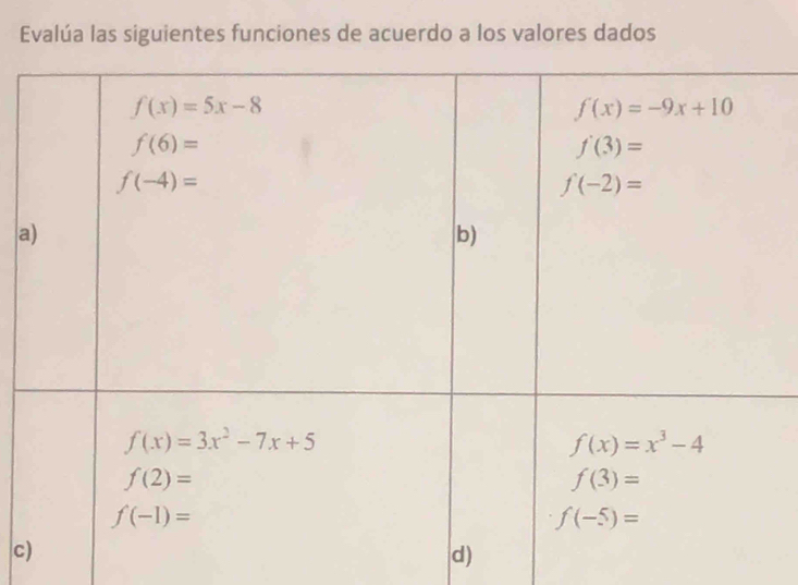 Evalúa las siguientes funciones de acuerdo a los valores dados
a
c