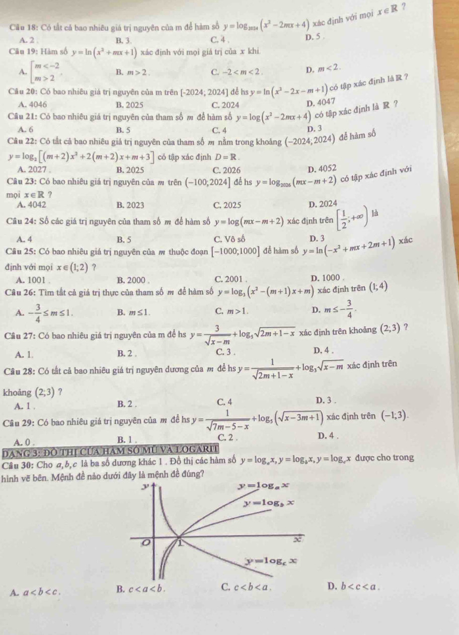 Cầu 18: Có tất cả bao nhiêu giá trị nguyên của m để hàm số y=log _2024(x^2-2mx+4) xác định với mọi x∈ R ?
A. 2 . B. 3. C. 4 . D. 5 
Câu 19: Hàm số y=ln (x^2+mx+1) xác định với mọi giá trị của x khi
A. beginarrayl m 2endarray.
B. m>2. C. -2 D. m<2.
Câu 20: Có bao nhiêu giá trị nguyên của m trên [-2024;2024] đề hs y=ln (x^2-2x-m+1) có tập xác định lá R ?
A. 4046 B. 2025 C. 2024
D. 404 7
Câu 21: Có bao nhiêu giả trị nguyên của tham số m để hàm số y=log (x^2-2mx+4) có tập xác định là R ？
A. 6 B. 5 C. 4 D. 3
Câu 22: Có tất cả bao nhiêu giả trị nguyên của tham số m nằm trong khoảng (-2024;2024) để hàm số
y=log _2[(m+2)x^2+2(m+2)x+m+3] có tập xác định D=R.
A. 2027 . B. 2025 C. 2026 D. 4052
Câu 23: Có bao nhiêu giá trị nguyên của m trên (-100;2024] để hs y=log _2026(mx-m+2) có tập xác định với
mọi x f R ?
A. 4042 B. 2023 C. 2025 D. 2024
Câu 3 4: Số các giá trị nguyên của tham số m để hàm số y=log (mx-m+2) xác định trên [ 1/2 ;+∈fty ) là
A. 4 B. 5 C. V6shat 6
Câu 25: Có bao nhiêu giá trị nguyên của m thuộc đoạn [-1000;1000] để hàm số y=ln (-x^2+mx+2m+1) D. 3 xác
định với mọi x∈ (1;2) ?
A. 1001 . B. 2000 . C. 2001 . D. 1000.
Câu 26: Tìm tất cả giá trị thực của tham số m để hàm số y=log _3(x^2-(m+1)x+m) xác định trên (1;4)
A. - 3/4 ≤ m≤ 1. B. m≤ 1. C. m>1. D. m≤ - 3/4 .
Câu 27: Có bao nhiêu giá trị nguyên của m đề hs y= 3/sqrt(x-m) +log _5sqrt(2m+1-x) xác định trên khoảng (2;3) ?
A. 1 B. 2 . C. 3 . D. 4 .
Câu 28: Có tất cả bao nhiêu giá trị nguyên dương của m đề hs y= 1/sqrt(2m+1-x) +log _3sqrt(x-m) xác định trên
khoảng (2;3) ?
A. 1 B. 2 . C. 4 D. 3 .
Câu 29: Có bao nhiêu giá trị nguyên của m đề hs y= 1/sqrt(7m-5-x) +log _5(sqrt(x-3m+1)) xác định trên (-1;3).
A. 0 , B. 1 .
C. 2 . D. 4 .
Dang 3: đô thị Của hàm Số mũ và lOgarIt
Câu 30: Cho a, b, c là ba số dương khác 1 . Đồ thị các hàm số y=log _ax,y=log _bx,y=log _cx được cho trong
hình vẽ bên. Mệnh đề nảo dưới đây là mệnh đề đúng?
A. a
D. b