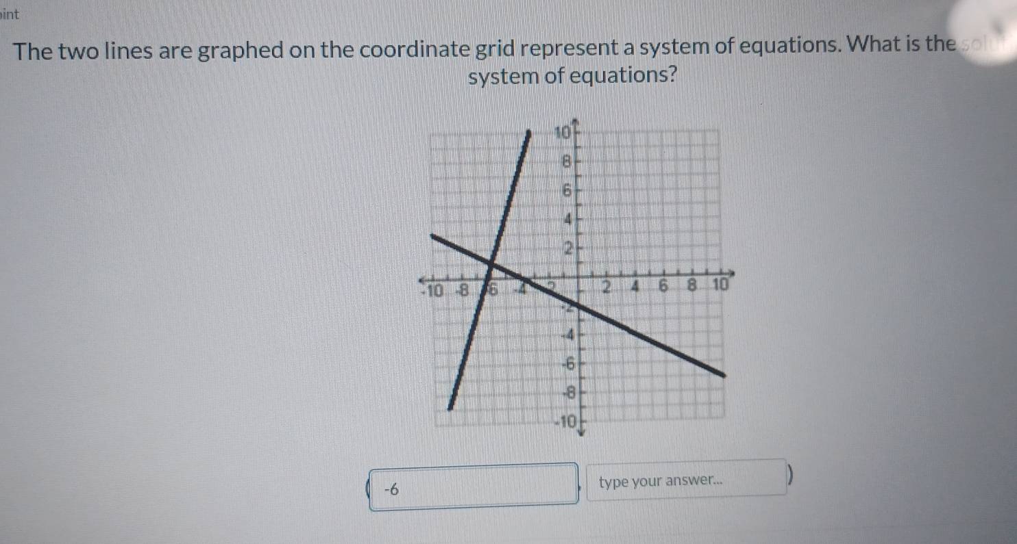 int 
The two lines are graphed on the coordinate grid represent a system of equations. What is the so 
system of equations?
-6
type your answer... D