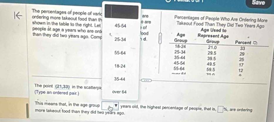 Save 
The percentages of people of varic Percentages of People Who Are Ordering More 
are 
ordering more takeout food than th Takeout Food Than They Did Two Years Ago 
shown in the table to the right. Let 45-54 o are 
people at age a years who are ord t ) of 
lood 
than they did two years ago. Comp 25-34 h d. .
55-64
18-24
35-44
The point (21,33) in the scatterpk 
(Type an ordered pair.) over 64
This means that, in the age group years old, the highest percentage of people, that is, □%, are ordering 
more takeout food than they did two years ago.