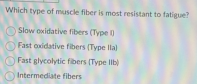 Which type of muscle fiber is most resistant to fatigue?
Slow oxidative fibers (Type I)
Fast oxidative fibers (Type IIa)
Fast glycolytic fibers (Type IIb)
Intermediate fibers