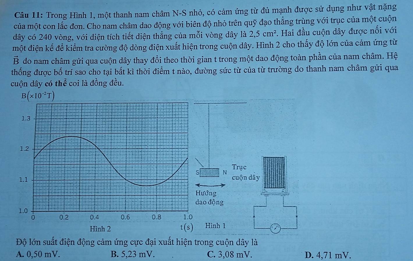 Trong Hình 1, một thanh nam châm N-S nhỏ, có cảm ứng từ đủ mạnh được sử dụng như vật nặng
của một con lắc đơn. Cho nam châm dao động với biên độ nhỏ trên quỹ đạo thẳng trùng với trục của một cuộn
dây có 240 vòng, với diện tích tiết diện thẳng của mỗi vòng dây là 2,5cm^2. Hai đầu cuộn dây được nối với
một điện kế để kiểm tra cường độ dòng điện xuất hiện trong cuộn dây. Hình 2 cho thấy độ lớn của cảm ứng từ
vector B do nam châm gửi qua cuộn dây thay đổi theo thời gian t trong một dao động toàn phần của nam châm. Hệ
thống được bố trí sao cho tại bất kì thời điểm t nào, đường sức từ của từ trường do thanh nam châm gửi qua
cuộn dây có thể coi là đồng đều.
B(* 10^(-2)T)
N Trục
cuộn dây
ướng
ao động
Hình 1
Độ lớn suất điện động cảm ứng cực đại xuất hiện trong cuộn dây là
A. 0,50 mV. B. 5,23 mV. C. 3,08 mV. D. 4,71 mV.