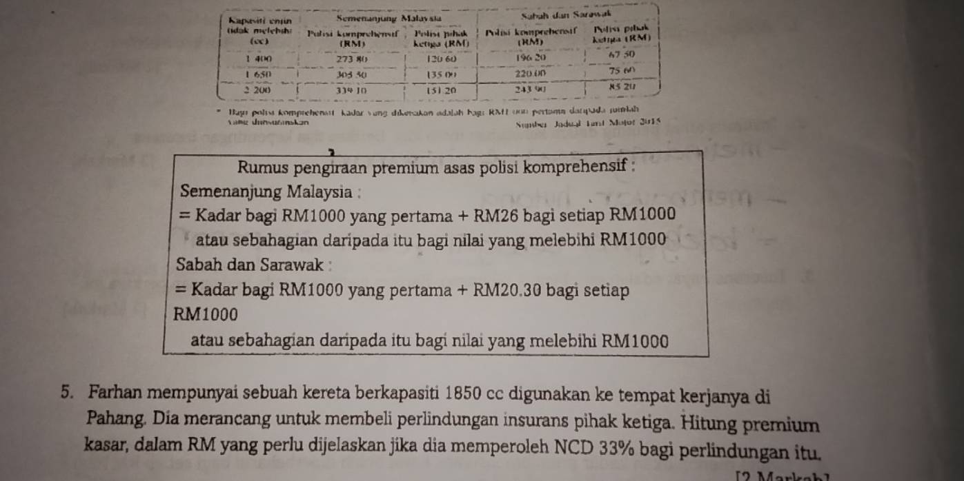 Bagn polss komprehensrt kadar sung dikenakan adalah bags RMI von perta 
Number Jadual Land Mojot 2i15
Rumus pengiraan premium asas polisi komprehensif : 
Semenanjung Malaysia : 
= Kadar bagi RM1000 yang pertama + RM26 bagi setiap RM1000
atau sebahagian daripada itu bagi nilai yang melebihi RM1000
Sabah dan Sarawak : 
= Kadar bagi RM1000 yang pertama + RM20.30 bagi setiap
RM1000
atau sebahagian daripada itu bagi nilai yang melebihi RM1000
5. Farhan mempunyai sebuah kereta berkapasiti 1850 cc digunakan ke tempat kerjanya di 
Pahang. Dia merancang untuk membeli perlindungan insurans pihak ketiga. Hitung premium 
kasar, dalam RM yang perlu dijelaskan jika dia memperoleh NCD 33% bagi perlindungan itu.