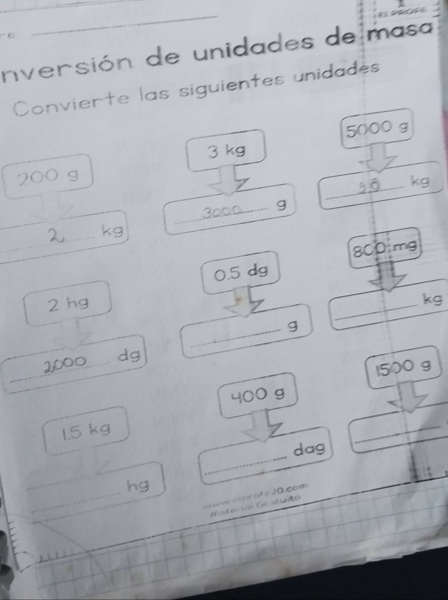 El prcce 
e 
_ 
inversión de unidades de masa 
Conviente las siguientes unidades
5000 g
_
3 kg
_
200 g
5ā _  kg
_ 300 g
_ 
_
kg
800 mg
0.5 dg
2 hg
_
kg
_g 
_
dg
1500 g
_
400 g
1.5 kg
_
dag
_ 
_ 
_ 
_
hg
w nt prof e 20.com 
Watenal Gratuito