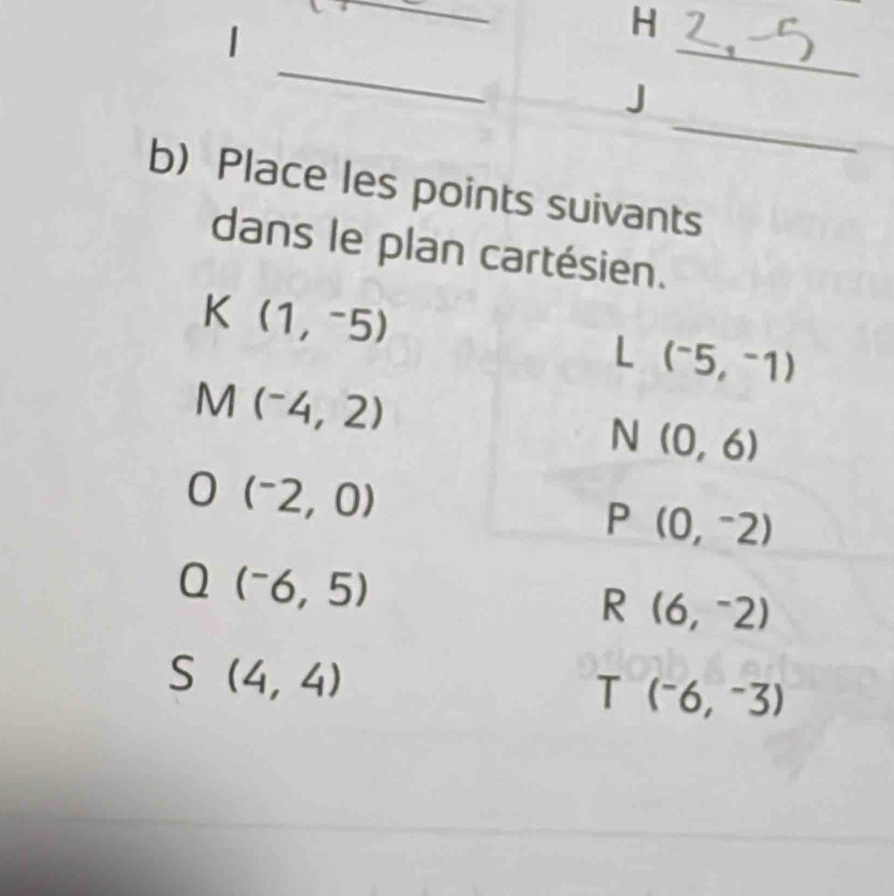 b Place les points suivants 
dans le plan cartésien.
K(1,-5)
L(^-5,^-1)
M(^-4,2)
N(0,6)
O(^-2,0)
P(0,^-
Q(^-6,5)
R (6,^-2)
S(4,4)
T(-6,-3)