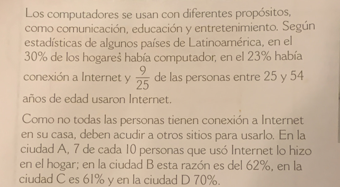 Los computadores se usan con diferentes propósitos, 
como comunicación, educación y entretenimiento. Según 
estadísticas de algunos países de Latinoamérica, en el
30% de los hogares había computador, en el 23% había 
conexión a Internet y  9/25  de las personas entre 25 y 54
años de edad usaron Internet. 
Como no todas las personas tienen conexión a Internet 
en su casa, deben acudir a otros sitios para usarlo. En la 
ciudad A, 7 de cada 10 personas que usó Internet lo hizo 
en el hogar; en la ciudad B esta razón es del 62%, en la 
ciudad C es 61% y en la ciudad D 70%.