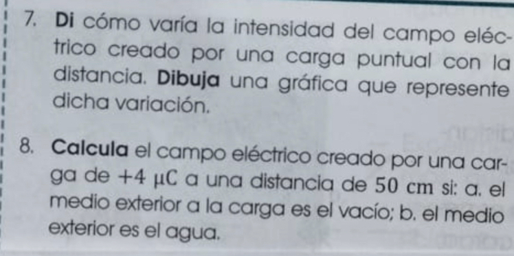 Di cómo varía la intensidad del campo eléc- 
trico creado por una carga puntual con la 
distancia. Dibuja una gráfica que represente 
dicha variación. 
8. Calcula el campo eléctrico creado por una car- 
ga de +4 μC a una distancia de 50 cm si: a. el 
medio exterior a la carga es el vacío; b. el medio 
exterior es el agua.