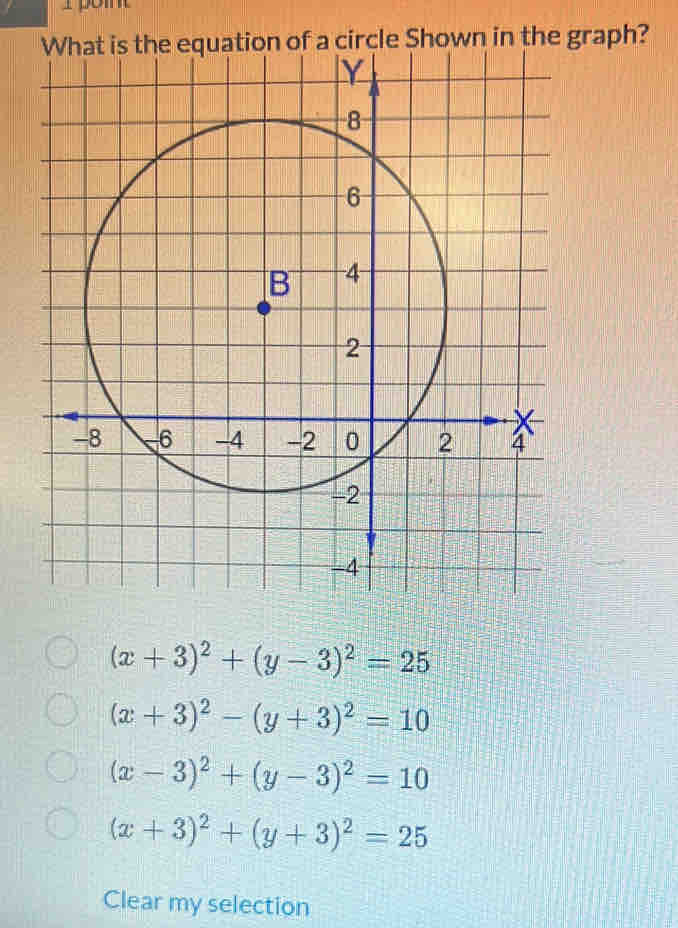 raph?
(x+3)^2+(y-3)^2=25
(x+3)^2-(y+3)^2=10
(x-3)^2+(y-3)^2=10
(x+3)^2+(y+3)^2=25
Clear my selection