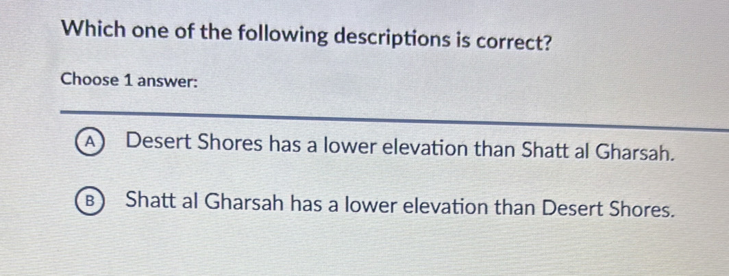 Which one of the following descriptions is correct?
Choose 1 answer:
A Desert Shores has a lower elevation than Shatt al Gharsah.
B ) Shatt al Gharsah has a lower elevation than Desert Shores.