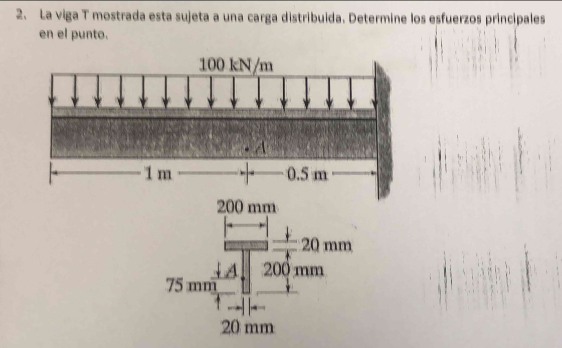 La viga T mostrada esta sujeta a una carga distribuida. Determine los esfuerzos principales 
en el punto.
200 mm
20 mm
200 mm
75 1
20 mm