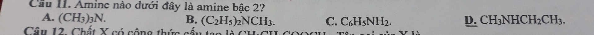 Amine nào dưới đây là amine bậc 2?
A. (CH_3)_3N B. (C_2H_5)_2NCH_3. C. C₆H5 NH_2.
D. CH_3NHCH_2CH_3. 
Câu 12. Chất X có cộng thức cấu tạo là
