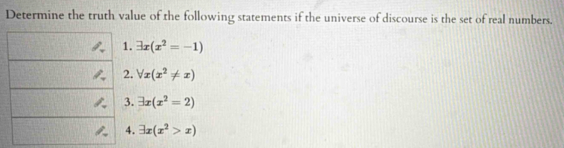 Determine the truth value of the following statements if the universe of discourse is the set of real numbers. 
1. exists x(x^2=-1)
2. forall x(x^2!= x)
3. exists x(x^2=2)
4. exists x(x^2>x)