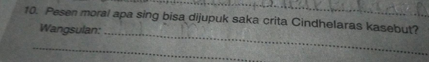 Pesen moral apa sing bisa dijupuk saka crita Cindhelaras kasebut? 
Wangsulan:_ 
_