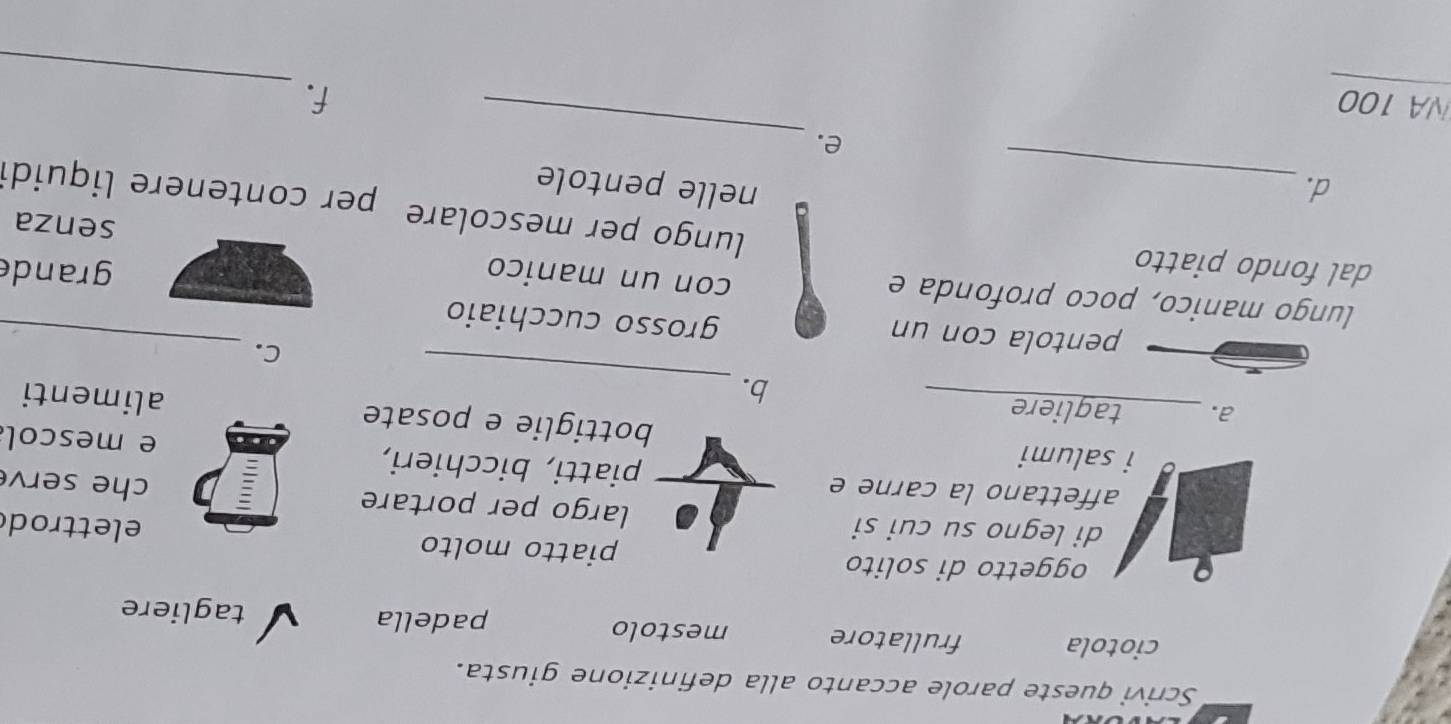 Scrivi queste parole accanto alla definizione giusta.
ciotola frullatore mestolo tagliere
padella
oggetto di solito piatto molto elettrod
di legno su cui silargo per portare che serv
affettano la carne epiatti, bicchieri, e mescol
_
i salumi bottiglie e posate alimenti
a. _tagliere_
b.
C._
pentola con un
grosso cucchiaio
lungo manico, poco profonda e
con un manico grande
dal fondo piatto
senza
lungo per mescolare per contenere liquidi
d. _nelle pentole
e.
_
_
NA 100 f.