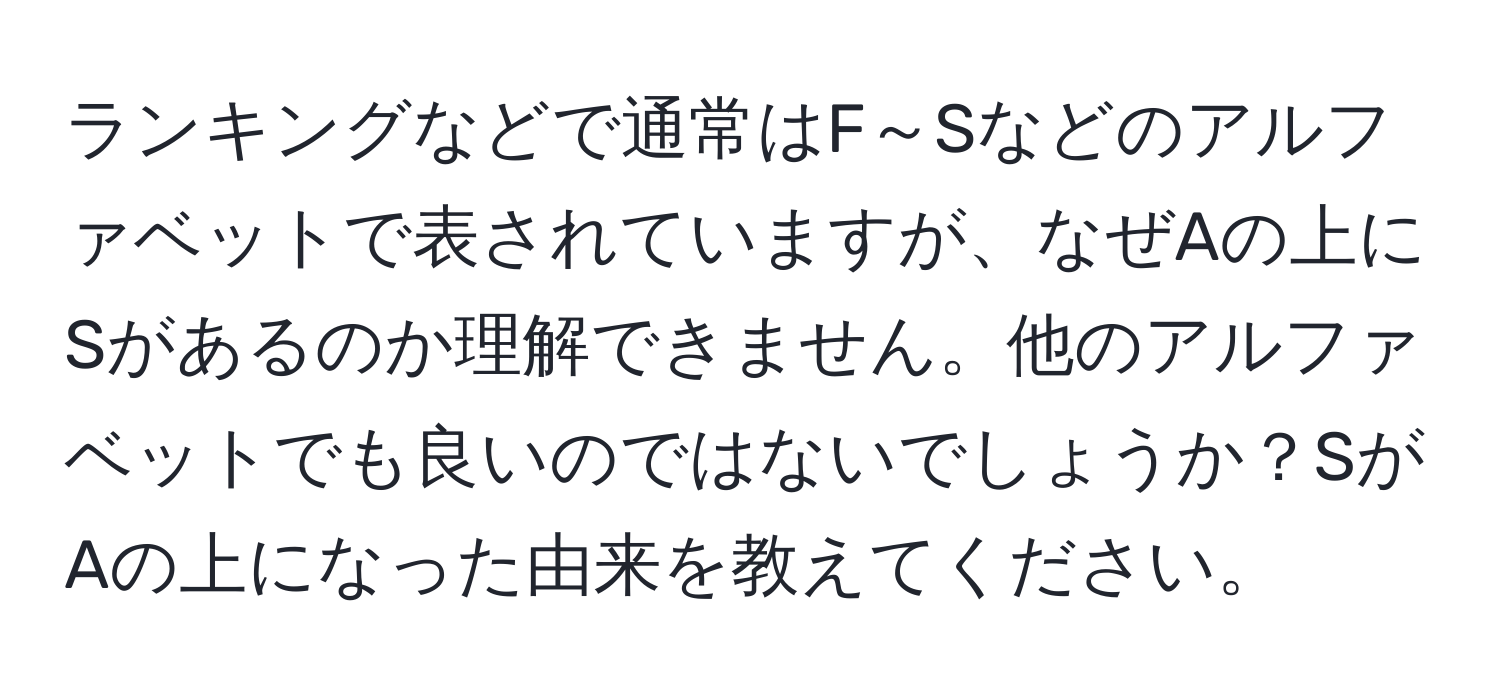 ランキングなどで通常はF～Sなどのアルファベットで表されていますが、なぜAの上にSがあるのか理解できません。他のアルファベットでも良いのではないでしょうか？SがAの上になった由来を教えてください。