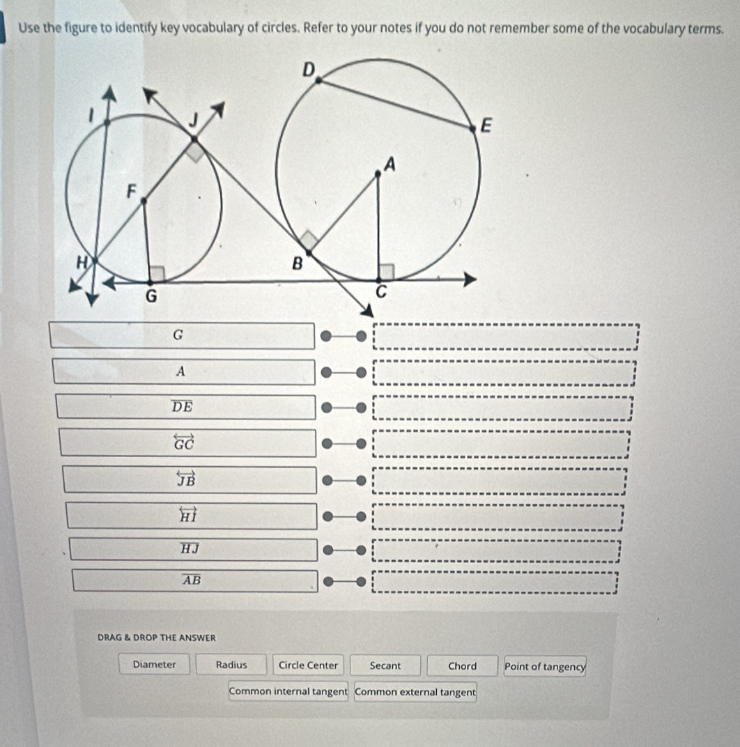 Use the figure to identify key vocabulary of circles. Refer to your notes if you do not remember some of the vocabulary terms.
G
A
overline DE
overleftrightarrow GC
overleftrightarrow JB
overleftrightarrow HI
HJ
overline AB
DRAG & DROP THE ANSWER
Diameter Radius Circle Center Secant Chord Point of tangency
Common internal tangent Common external tangent