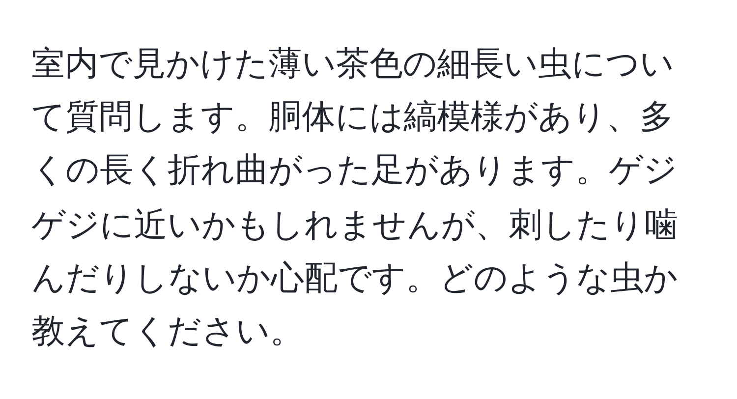 室内で見かけた薄い茶色の細長い虫について質問します。胴体には縞模様があり、多くの長く折れ曲がった足があります。ゲジゲジに近いかもしれませんが、刺したり噛んだりしないか心配です。どのような虫か教えてください。