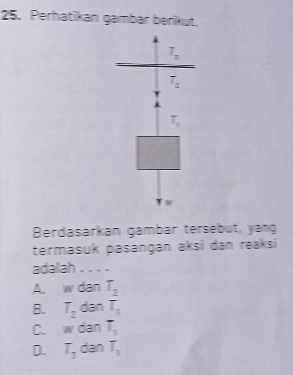 Perhatikan gambar berikut.
L
Berdasarkan gambar tersebut, yang
termasuk pasangan aksi dan reaksi
adalah ____
A. w dan
B. T_2 dan beginarrayr T_2 T_1endarray
C. w dan
D. T_3 dan beginarrayr T_1 T_2endarray