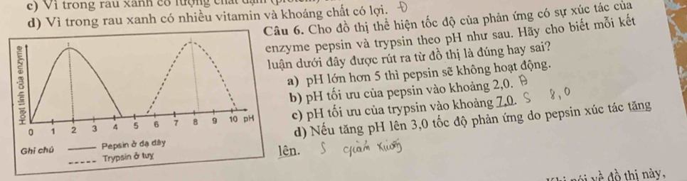 c) V i trong ra u x anh có tượng ch a
d) Vì trong rau xanh có nhiều vitamin và khoáng chất có lợi.
6. Cho đồ thị thể hiện tốc độ của phản ứng có sự xúc tác của
me pepsin và trypsin theo pH như sau. Hãy cho biết mỗi kết
dưới đây được rút ra từ đồ thị là đúng hay sai?
) pH lớn hơn 5 thì pepsin sẽ không hoạt động.
) pH tối ưu của pepsin vào khoảng 2, 0.
c) pH tối ưu của trypsin vào khoảng 7, 0.
d) Nếu tăng pH lên 3, 0 tốc độ phản ứng do pepsin xúc tác tăng
lên.
i v đồ thi này,