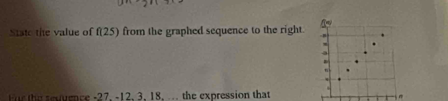 State the value of f(25). from the graphed sequence to the right. -B (w)
3
D
s
fr the sequence -27, -12, 3, 18, . the expression that
n