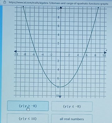  y|y≥slant -8  y|y≤ -8
 y |y≤ 10 all real numbers