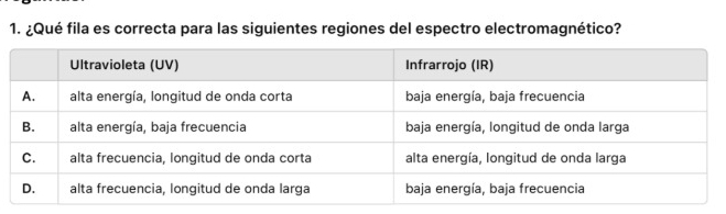 ¿Qué fila es correcta para las siguientes regiones del espectro electromagnético?