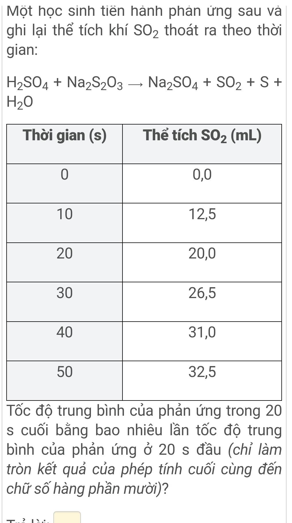 Một học sinh tiền hành phản ứng sau và
ghi lại thể tích khí SO_2 thoát ra theo thời
gian:
H_2SO_4+Na_2S_2O_3to Na_2SO_4+SO_2+S+
H_2O
Tốc độ trung bình của phản ứng trong 20
s cuối bằng bao nhiêu lần tốc độ trung
bình của phản ứng ở 20 s đầu (chỉ làm
tròn kết quả của phép tính cuối cùng đến
chữ số hàng phần mười)?