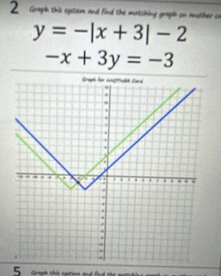 Graph this syctem and find the matching graph on another ca
y=-|x+3|-2
-x+3y=-3
5 Graph this systeas and find the m