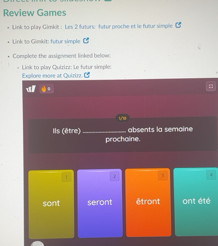 Solved: Review Games Link to play Gimkit : Les 2 futurs: futur proche ...