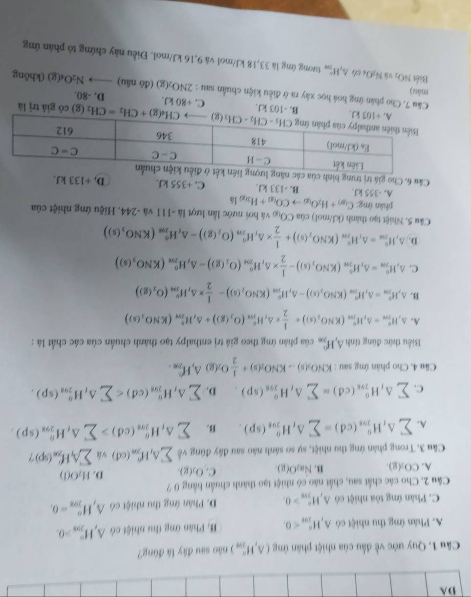 DA
Câu 1. Quy ước về đấu của nhiệt phân ở m_1 (△ ,H_(j99)°) nào sau đây là đứng?
A. Phản ứng thu nhiệt có △ _iH_(ion)°<0. B. Phân ứng thu nhiệt có △ _(t_208)°^circ =0.
C. Phân ứng tòa nhiệt có △ ,H_2m_2^circ >0, D. Phân ứng thu nhiệt có △ _rH_(298)^r=0.
Câu 2. Cho các chất sau, chất não có nhiệt tạo thành chuẩn bằng 0 7
A. CO_2(g). B. Na_2O(g). C. O_2(g).
D. H_2O(l)
Câu 3. Trong phán ứng thu nhiệt, sự so sánh nào sau đây đúng về sumlimits △ _iH_(208)^o(cd) vá sumlimits A_iH_2n'(s(sp)?
A. sumlimits △ _fH_(298)^o(cd)=sumlimits △ _fH_(298)^o(sp), B. sumlimits △ ,H_(208)^o(cd)>sumlimits △ _iH_(208)^o(sp).
C. sumlimits △ _iH_(298)°(cd)=sumlimits △ _iH_(298)°(sp)_. D. sumlimits △ _fH_(298)^o(ed)
Câu 4. Cho phân ứng sau : KNO_3(s)- 2(s)+ 1/2 O_2(g)△ ,H_(298)°.
Biểu thức dingtinh△ ,H_(200)° của phân ứng theo giá trị enthalpy tạo thành chuẩn của các chất là :
A. △ ,H_(3m)^o=△ ,H_(jn)^o(KNO_2(s))+ 1/2 * △ ,H_(2m_in_20s)^o(O_2(g)+△ _iH_(20n)^o(KNO_2(s))
B. △ ,H_(m_rm)^o=△ _iH_(rm)^o(KNO(s))-△ _iH_(rm)^o(KNO_2(s))-frac 12^(o(O_2)(g))
C. △ ,H_(rm)^o=△ ,H_(rm)^o(KNO_2(s))- 1/2 * △ ,H_(2m)^o(O_2(g))-△ ,H_(2m)^o(KNO_3(s))
D. △ ,H_m^(0=△ _1)H_(2m)^o(KNO_2(s))+ 1/2 * △ _1H_(2m)^o(O_(2-△ _H_2m)^0(KNO_3(s))
Câu 5. Nhiệt tạo thành (kJ/mol) của CO_(g) và hơi nước lần lượt là -111 và -244. Hiệu ứng nhiệt của
phản ứng: C_(g)+H_2O_(g)to CO_(g)+H_2(g) là
A. -355 kJ. B. -133 kJ C. +355 kJ. D, +133 kJ.
Câu 6. Cho giá trị trung bì
C. +80 kJ.
có giá trị là
B. -103 kJ. D. -80.
màu)
Câu 7. Cho phân ứng hoá học xây ra ở điều kiện chuẩn sau : 2NO_2(g) (đó nâu) (1,+1+201/2 to N_2O_4(g) (không
Biết NOz và N_2O △ _1H_(299)° tương (mg là 33,18 kJ/mol và 9,16 kJ/mol. Điều này chứng tỏ phản ứng