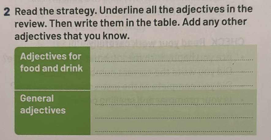 Read the strategy. Underline all the adjectives in the 
review. Then write them in the table. Add any other 
adjectives that you know. 
Adjectives for_ 
food and drink 
_ 
_ 
_ 
General 
_ 
adjectives 
_