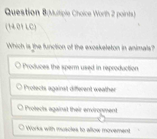 Question 8(Multiple Choice Worth 2 points)
(14.01 LC)
Which is the function of the exoskeleton in animals?
Produces the sperm used in reproduction
Protects against different weather
Prolects against their environment
Works with muscles to allow movement